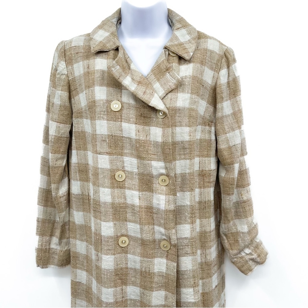 Vintage Tweed Double Breasted Plaid Gingham Jacket Coat Peacoat Trench Long - Picture 2 of 6